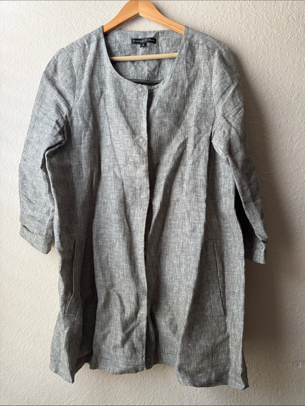 Preston & York Gray Linen-Blend Collarless Longline Jacket